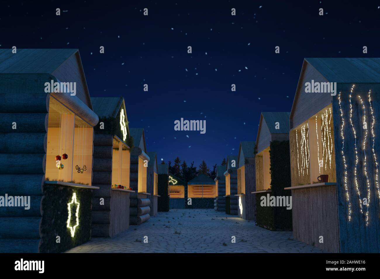 3D-Rendering der Weihnachtsmarkt von verschiedenen Holzhütten am sternenklaren Nacht Stockfoto
