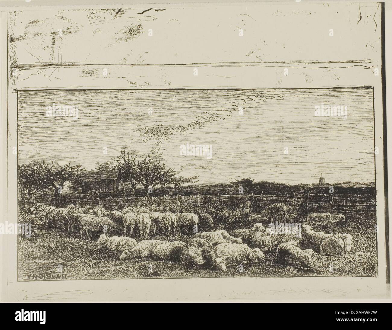 Charles François Daubigny. Die großen Schafstall. 1862. Frankreich. Cliché-verre auf Elfenbein Fotopapier Stockfoto