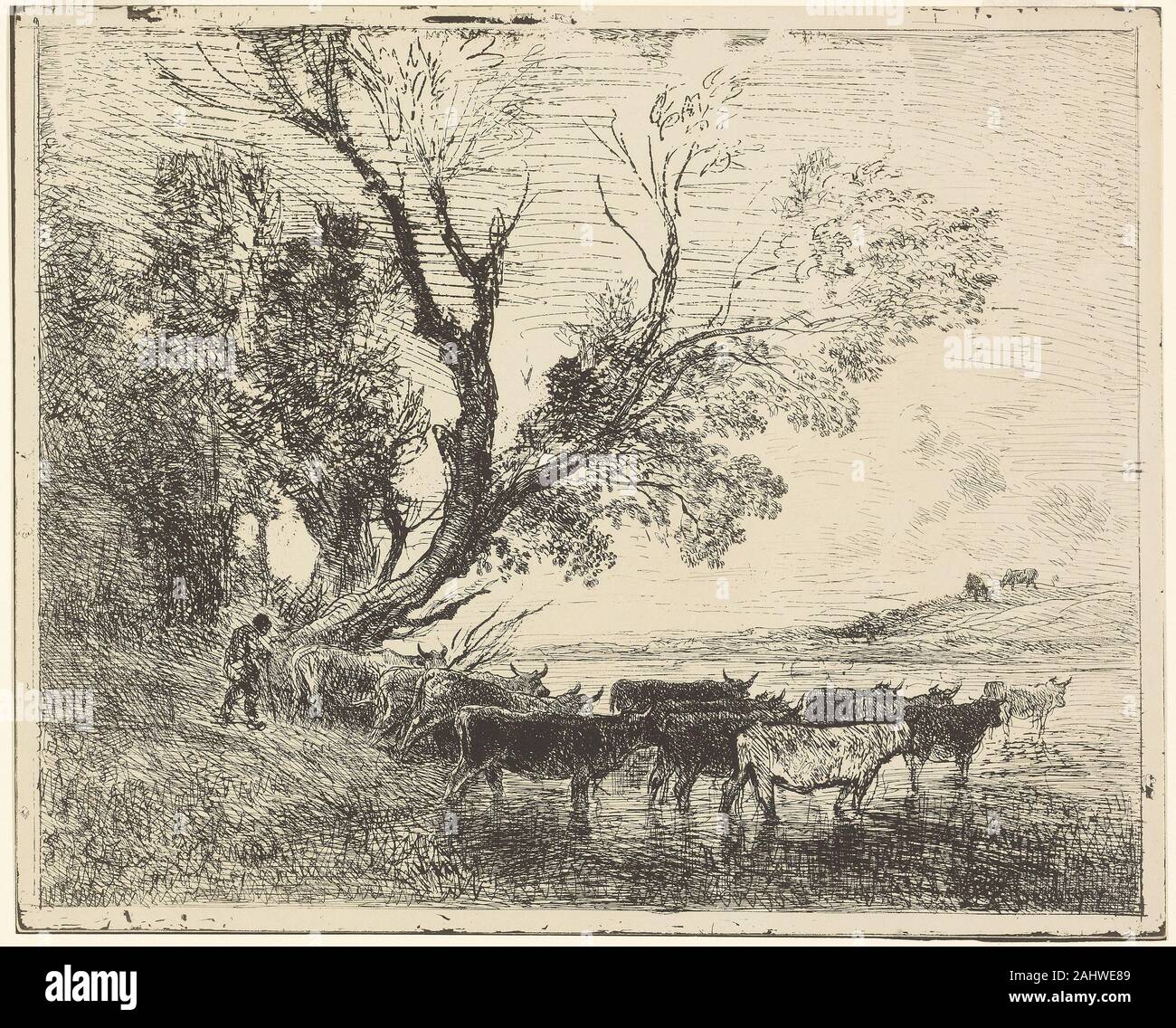 Charles François Daubigny. Der Ford. 1862. Frankreich. Cliché-verre auf Elfenbein Fotopapier Stockfoto