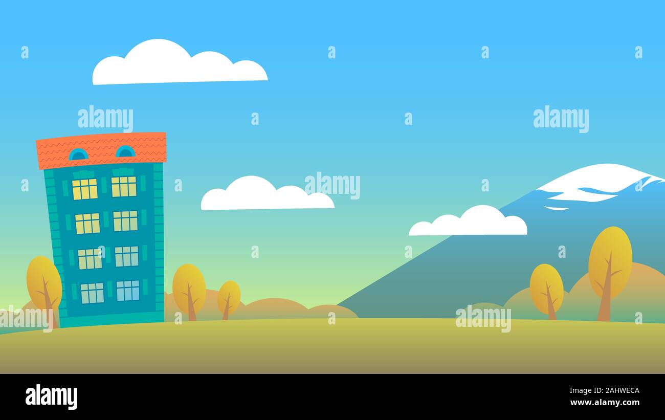 Herbst Landschaft für Hintergrund: Wohnhaus, gelb Bäume, Wald und Berge. Auf dem blauen Himmel Wolken. Vektor Cartoon Illustration. Stock Vektor