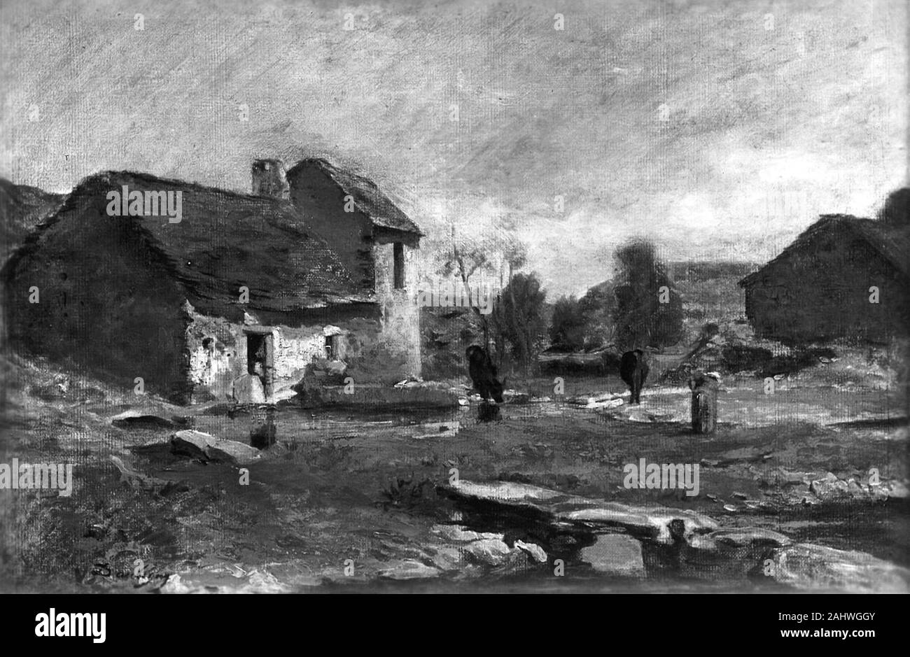 Charles François Daubigny. Häuser in Optevoz, Frankreich. 1852. Frankreich. Öl auf Leinwand Stockfoto