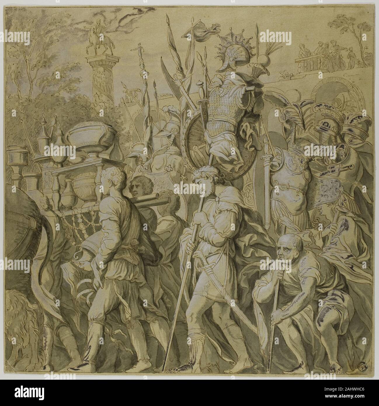 Andrea Mantegna. Triumphe von Julius Caesar Leinwand Nr. VI 1700 - 1799. Italien. Pen und braun Tinte, mit Pinsel in Grau waschen, erhöhte mit Bleiweiß (oxidiert), an den cremefarbenen Papier mit gelben Waschen vorbereitet Stockfoto