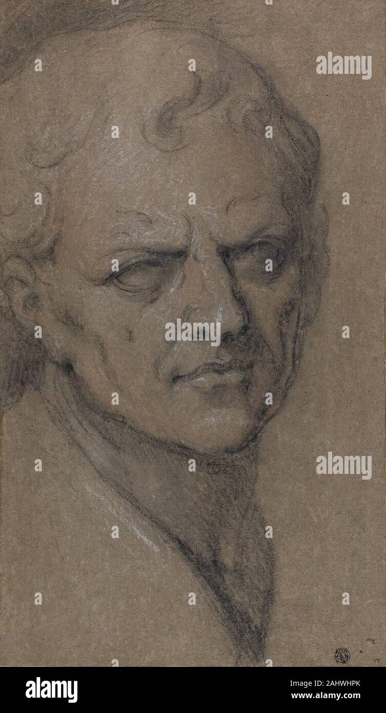 Anhänger von Jacopo Tintoretto. Römische Portraitbüste. 1538 - 1594. Italien. Schwarze Kreide, mit weißer und roter Kreide verstärkt, auf braunem Papier, legte auf Elfenbein Bütten Stockfoto