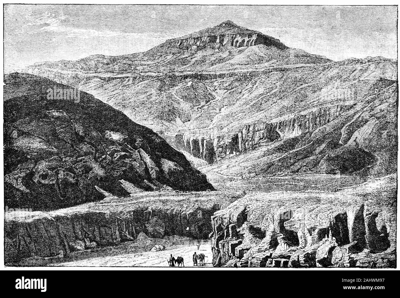 Gravur der Eingang zum Tal der Gräber der Könige, wo die Gräber der Pharaonen und mächtige Adelige des Neuen Reiches (18. bis 20 Dynastien des Alten Ägypten) ausgegraben wurden. Das Tal ist bekannt 63 Gräber und Kammern enthalten. Stockfoto