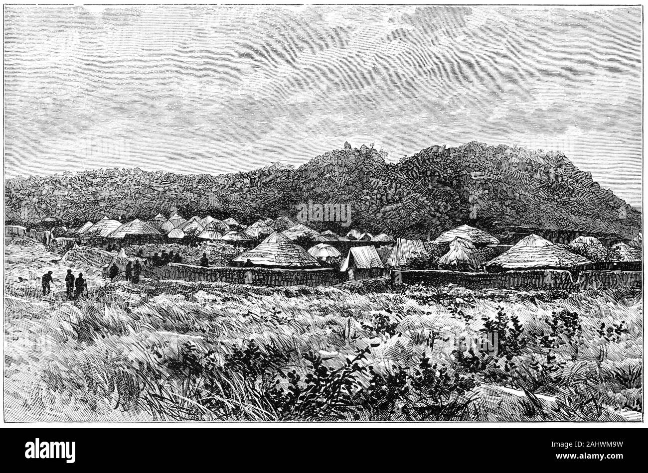 Gravur eines kleinen afrikanischen Dorf in Uganda in den 1800er Jahren. Stockfoto