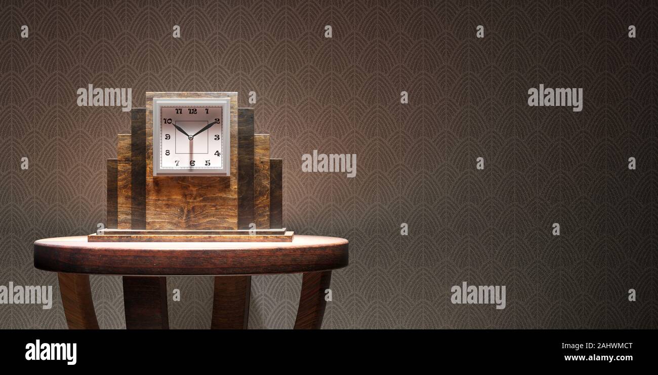 Classic vintage Uhr auf einem runden Tisch auf Hintergrund. Art déco-Stil, Interieur, kopieren. 3D-Darstellung Stockfoto