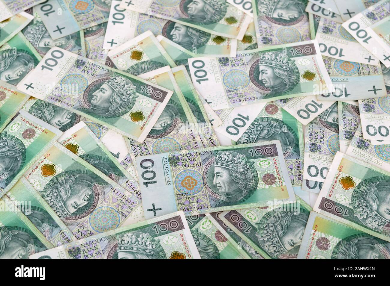 Polnische Geld Hintergrund. 100 Polnische Zloty Rechnungen stapeln. Republik Polen Währung Stockfoto