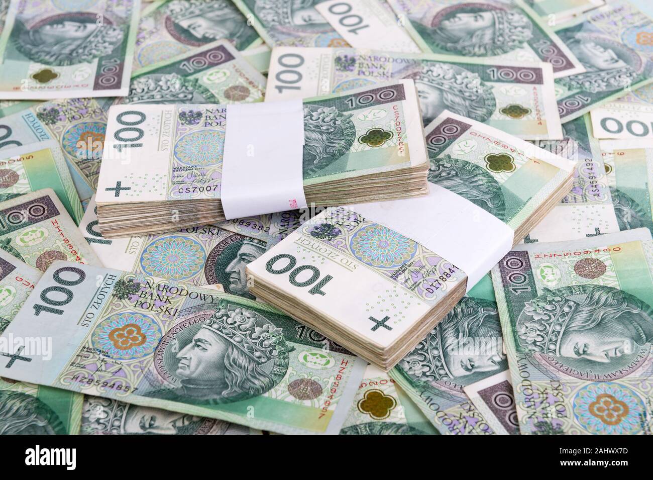 Polnische Geld Hintergrund. 100 Polnische Zloty Rechnungen stapeln. Republik Polen Währung Stockfoto