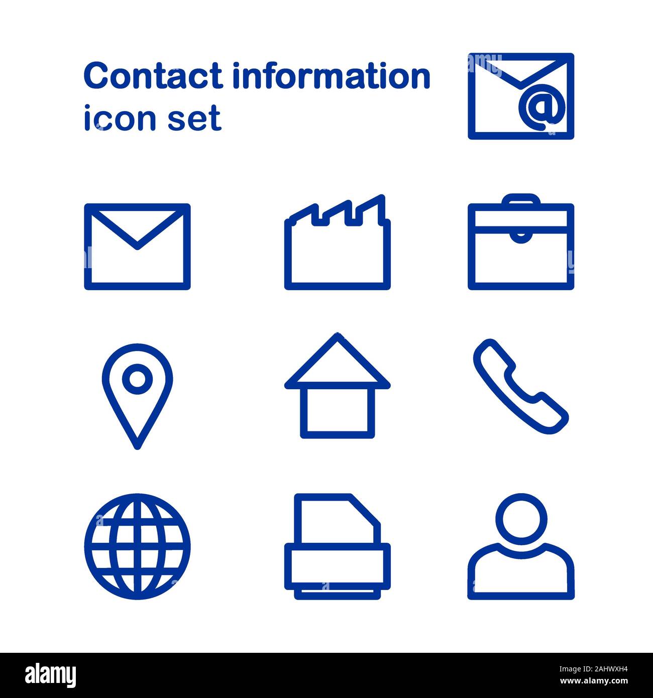 Eine Reihe von Kontaktinformationen Symbole. Tasten vektor Icon Set. Kommunikation Symbols Collection, Vektor Skizzen. E-Mail, Adresse, home, user, Telefon, Tel. Stockfoto