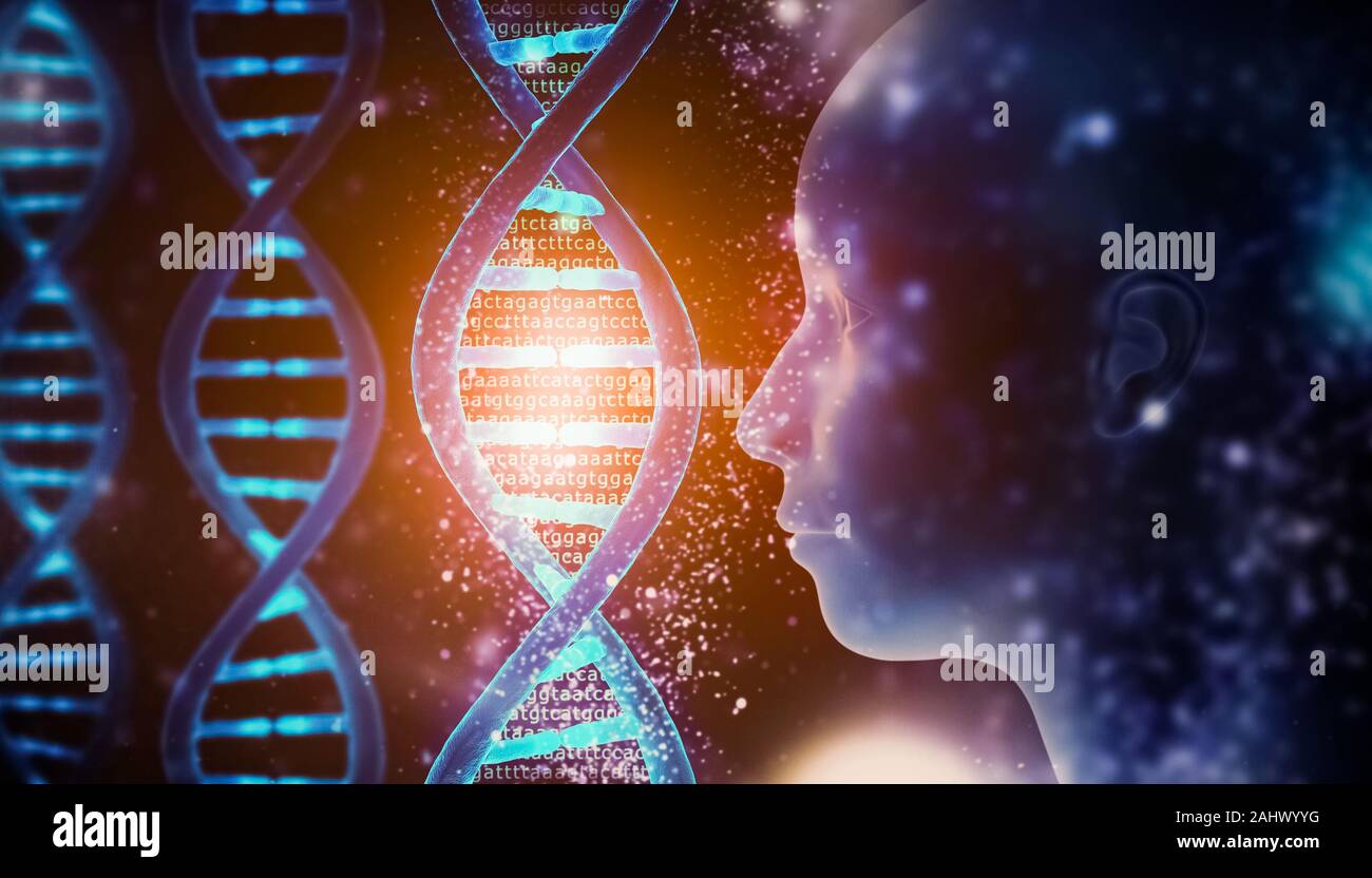 Leuchtende und glänzende DNA-Stränge der Doppelhelix close-up mit Genom code und menschlichen Kopf Profil Medizinische, Biologie, Mikrobiologie, Genetik, 3D-Rendering il Stockfoto