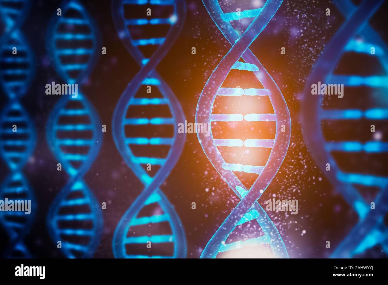 Leuchtende und glänzende DNA-Stränge der Doppelhelix close-up. Medizin, Biologie, Mikrobiologie, Genetik 3D Rendering illustration Konzept. Artist Vision. Stockfoto