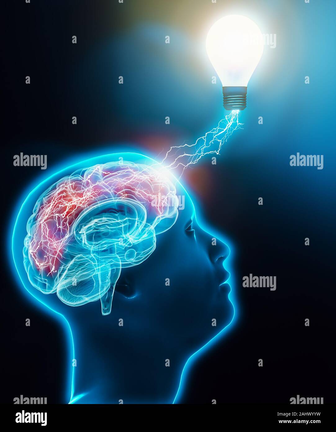 Menschlichen männlichen Profil Leitung, die mit dem Gehirn verbunden, eine Glühbirne mit Blitzen. Aktivität im Gehirn, Intelligenz, Fantasie, Idee, Neurowissenschaften, Stockfoto