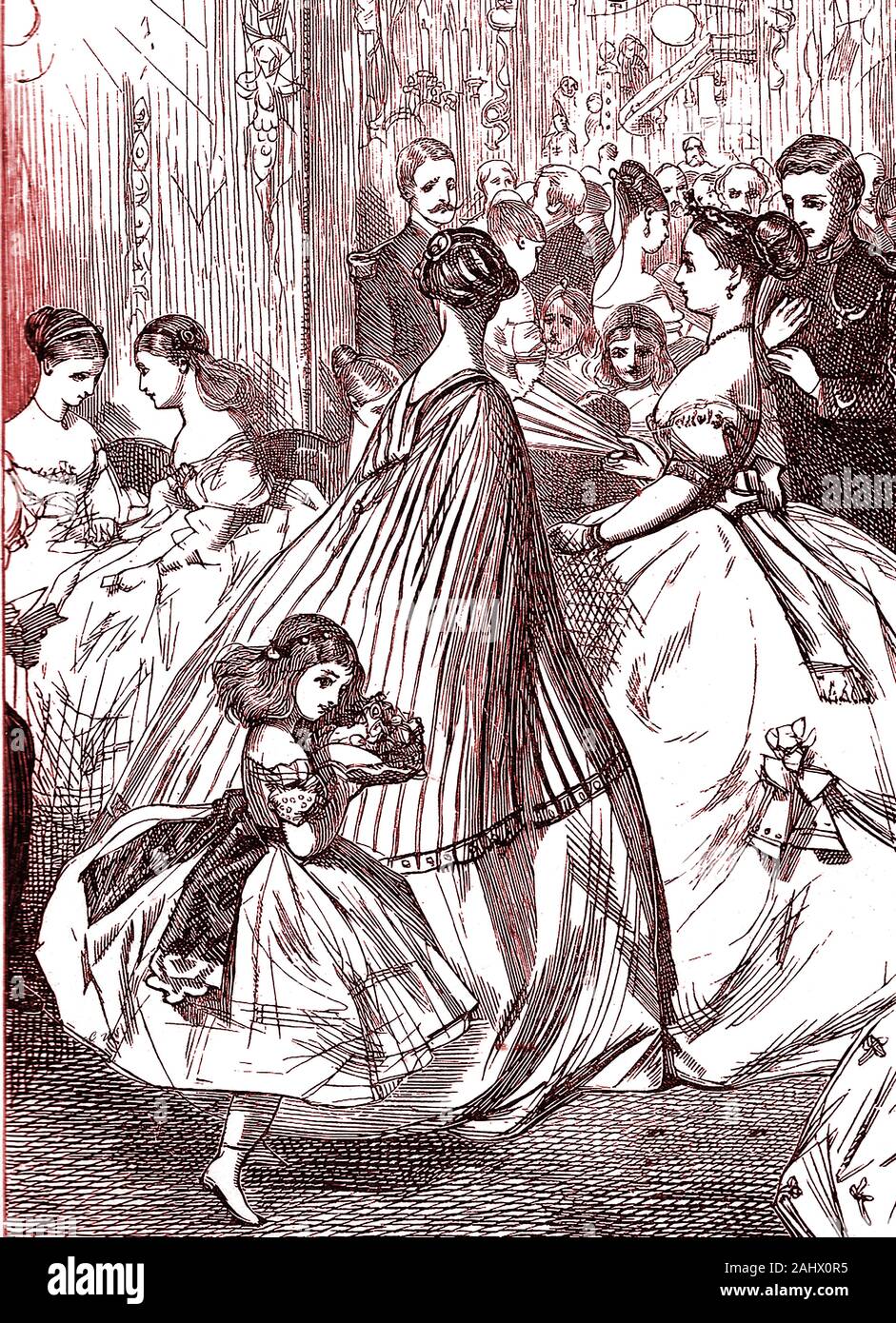 Ein viktorianisches eine Szene in einem typischen englischen viktorianischen Ballsaal nach einer Trauung, mit Erwachsenen, Jugendlichen und jungen Frauen. Stockfoto