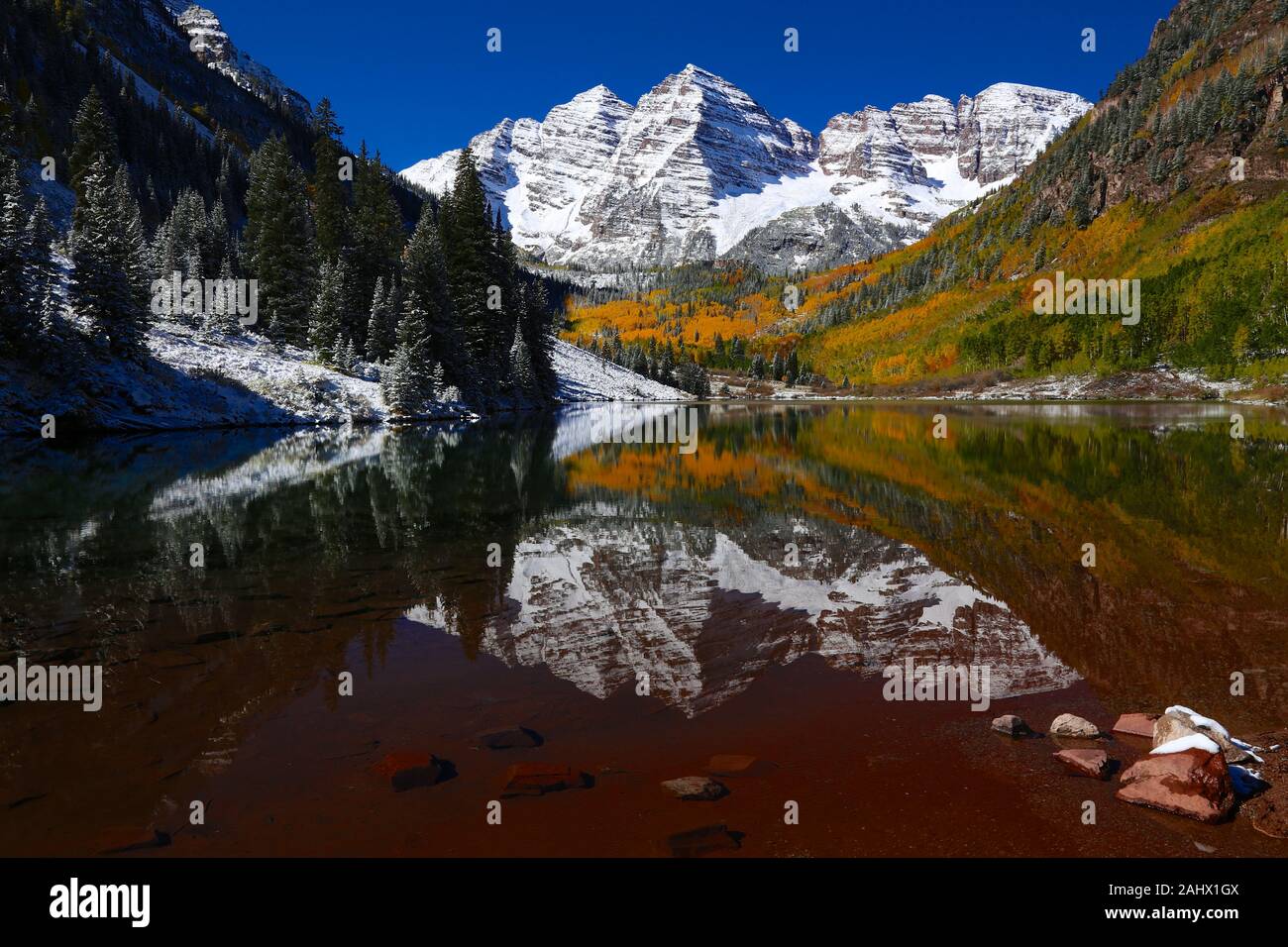 Maroon Bells Herbst Laub und Aspen Bäume im Schnee der Colorado Rocky Mountains und den See Reflexion über einen blauen Himmel Tag abgedeckt Stockfoto
