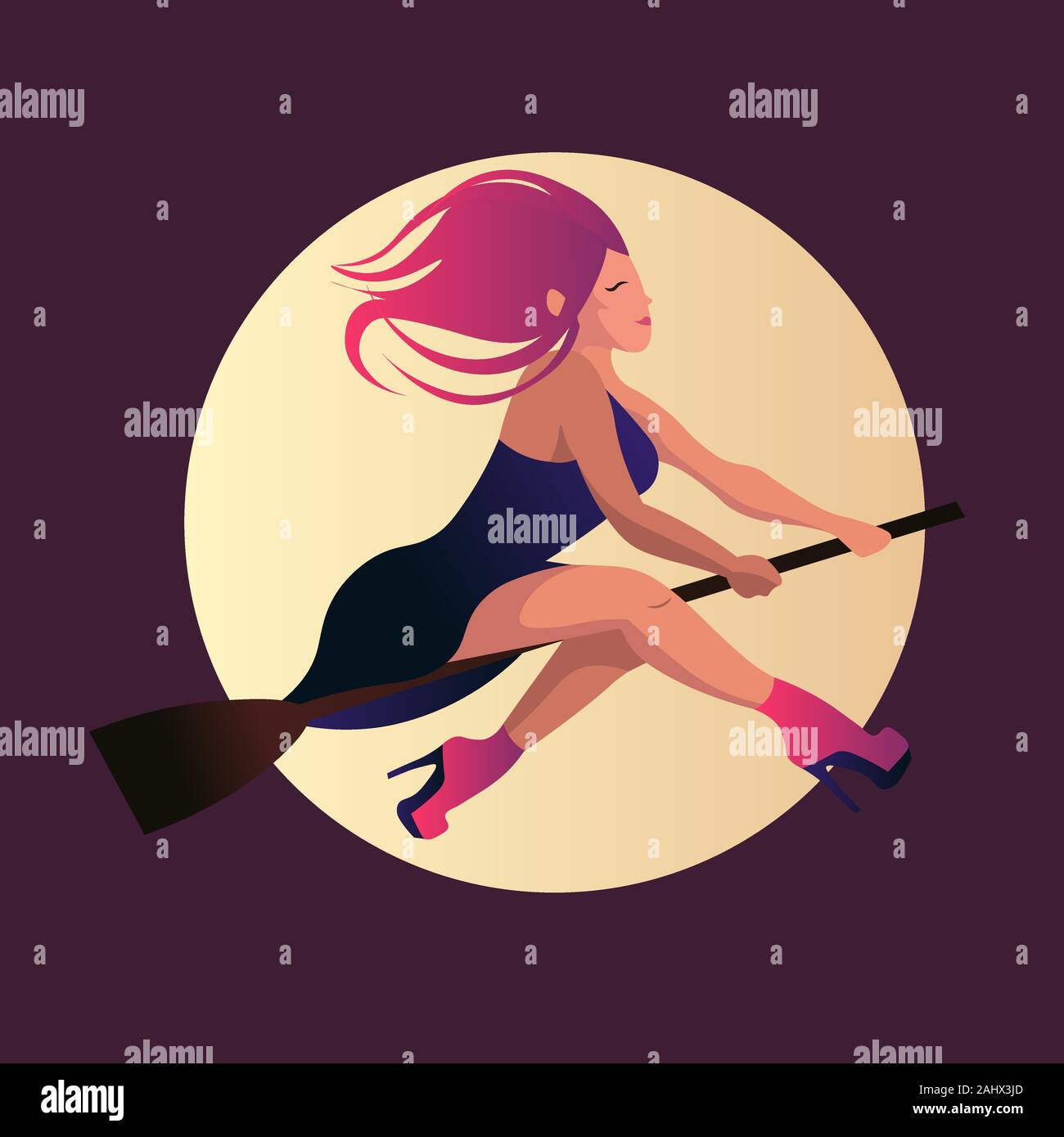 Junge Hexe mit einem wilden Haaren und High Heels fliegen unter dem Mondlicht. Flache Darstellung einer Frau mit rosa Schuhe und lila Kleid. Stock Vektor