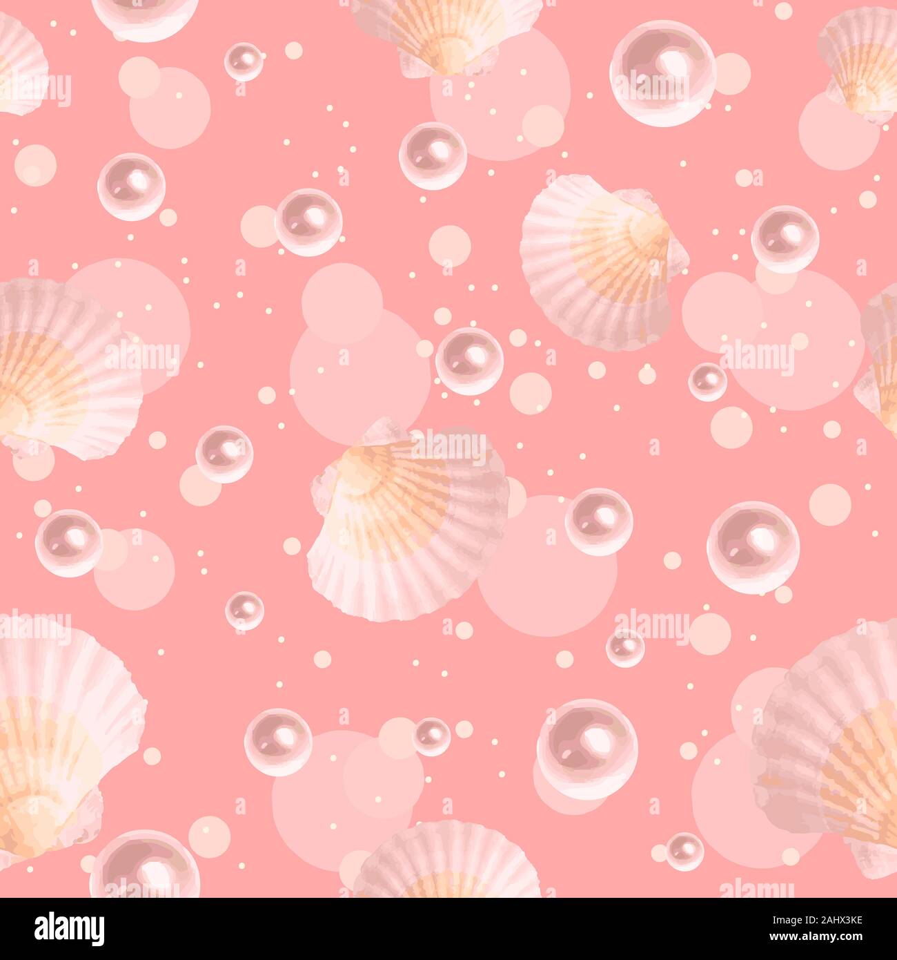 Muscheln und Perlen auf einer pastellfarbenen nahtlose Muster mit rosa Kreisen und Blasen. Sich wiederholende Hintergrund mit Wasser Meerestiere Stock Vektor
