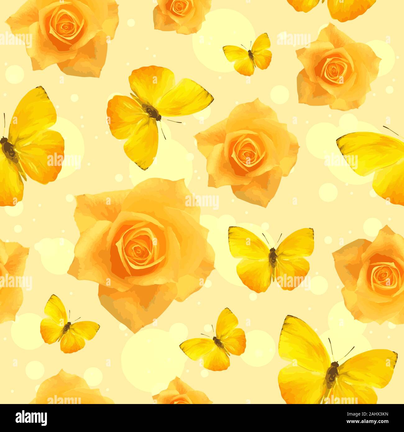 Gelbe rose Blumen in voller Blüte und fliegende Schmetterlinge, nahtlose Muster. Sich wiederholende floral background eines sonnigen Garten Stock Vektor