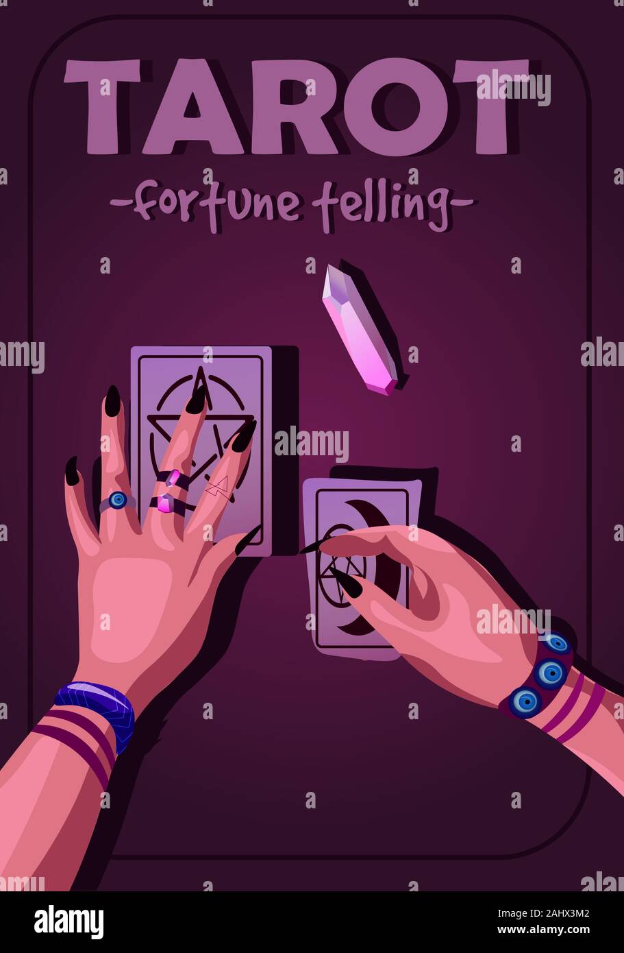 Tarot Reading poster Mit purpur violett Beleuchtung und Text. Wahrsagen, Hexe Hände halten zwei Karten in den Händen Abbildung. Stock Vektor