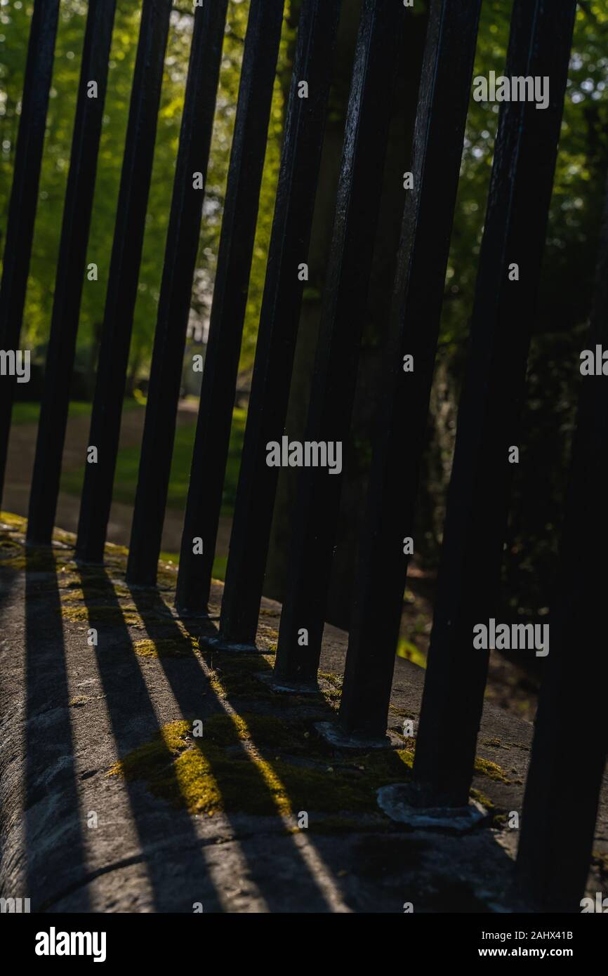 Starke diagonal Schatten von einem Geländer aus einem Zaun in einem Garten Stockfoto