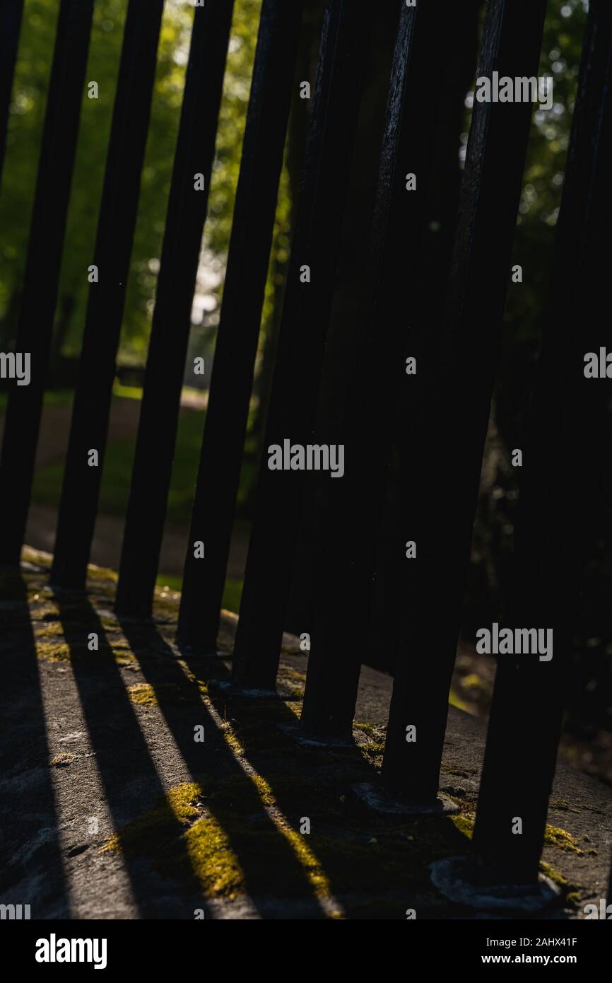 Starke diagonal Schatten von einem Geländer aus einem Zaun in einem Garten Stockfoto