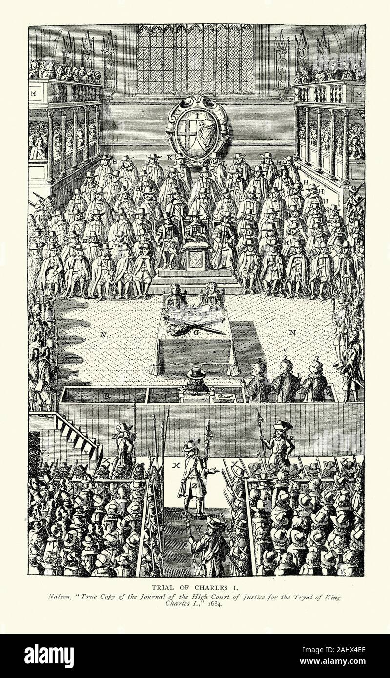 Testversion von König Charles I, nach Joutrnal der Hohe Gerichtshof, 1684 Stockfoto