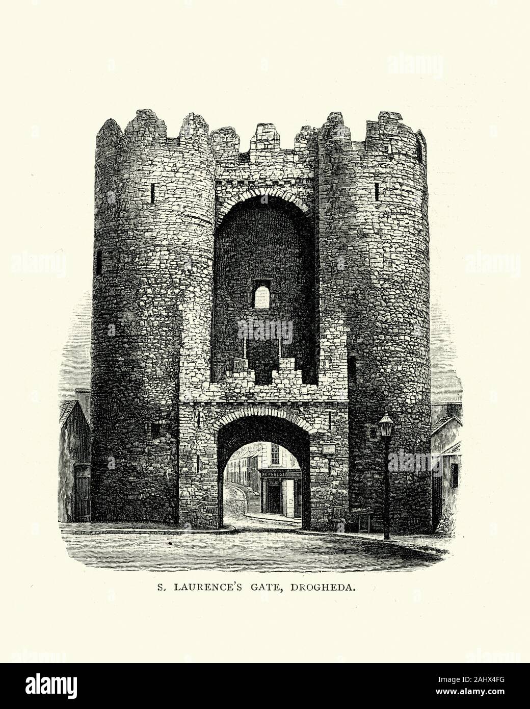 Blick auf Saint Laurence Tor, Drogheda, Irland im 17. Jahrhundert. Ein barbican, die im 13. Jahrhundert als Teil der ummauerten Befestigungen von der mittelalterlichen Stadt Drogheda in Irland gebaut wurde. Stockfoto