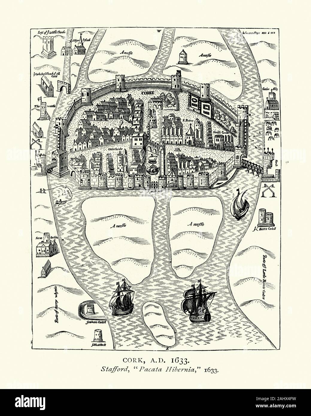 Karte von Cork, Irland, Stadt, umgeben von Mauern aus dem 17. Jahrhundert. Stafford, Hibernia Pacata 1633 Stockfoto