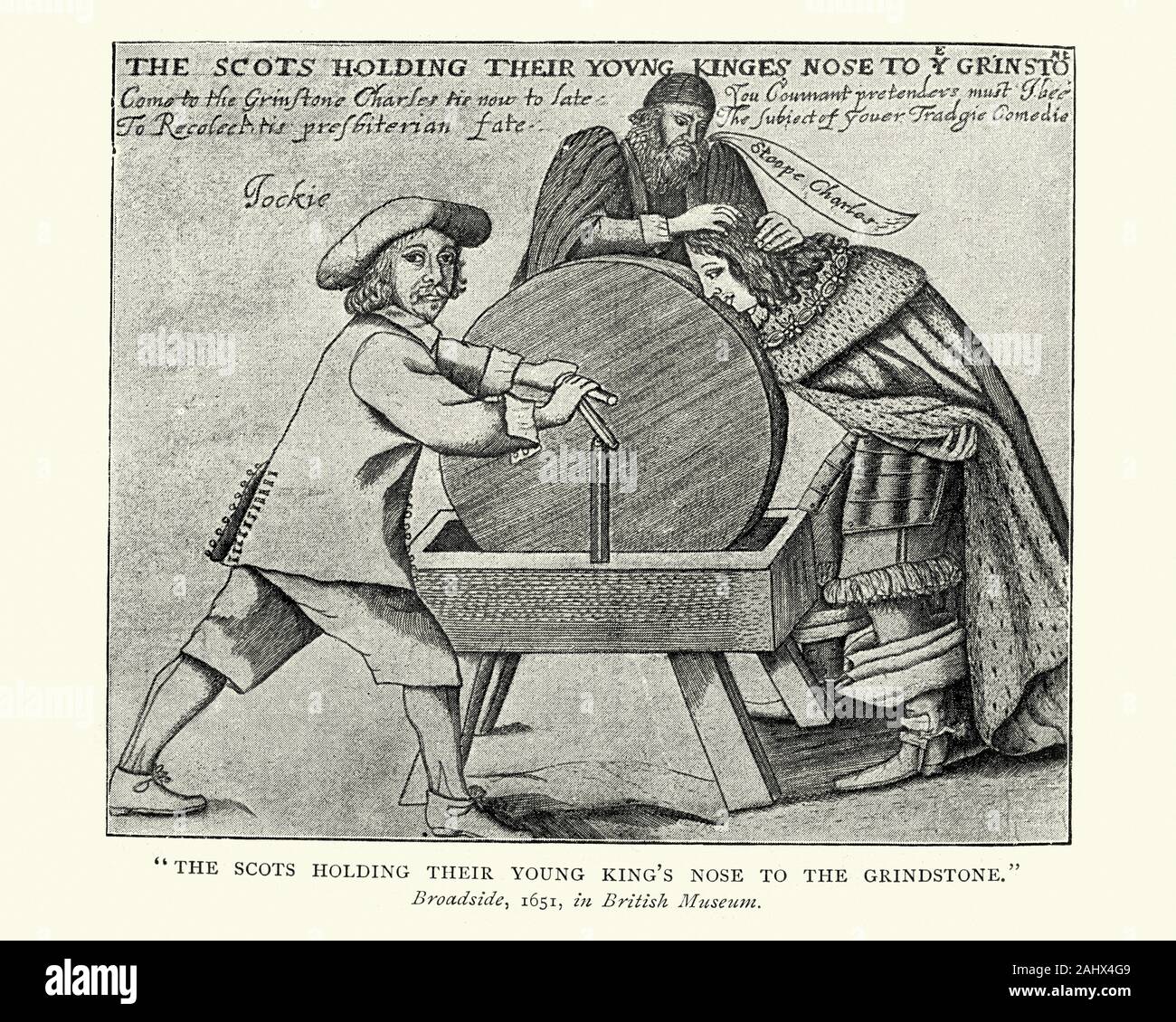 Die Schotten halten ihre jungen König Nase an den Schleifstein. 17. Jahrhundert satirische Karikatur Stockfoto