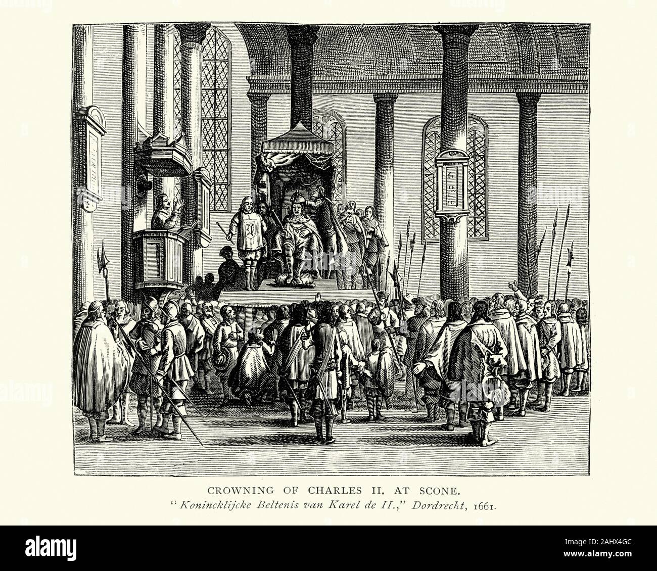 Königskrönung, Krönung von König Karl II. in Scone, 17. Jahrhundert Stockfoto