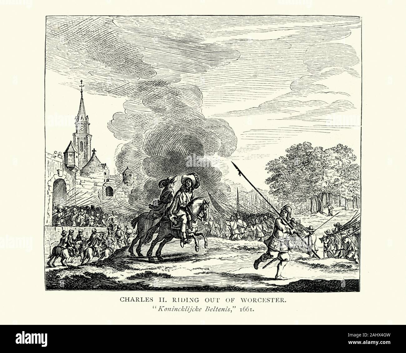 Entweichen von Charles II. Nach der Schlacht von Worcester aus dem 17. Jahrhundert. Die Schlacht von Worcester fand am 3. September 1651 in Worcester, England, und war die letzte Schlacht des Englischen Bürgerkriegs. Stockfoto