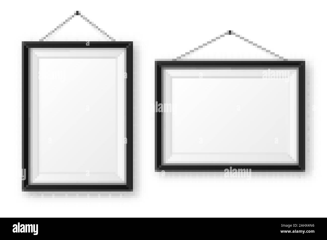 Realistisch an der Wand aufhängen, leeren schwarzen Bilderrahmen mit Schatten. Moderne poster Mockup auf weißem Hintergrund. Leeren Bilderrahmen für Kunst Stock Vektor