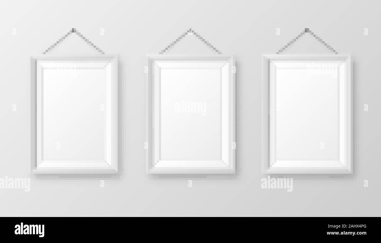 Realistisch an der Wand aufhängen, leeren weißen Bilderrahmen mit Schatten. Moderne poster Mockup auf grauem Hintergrund. Leeren Bilderrahmen für Kunst Galerie Stock Vektor