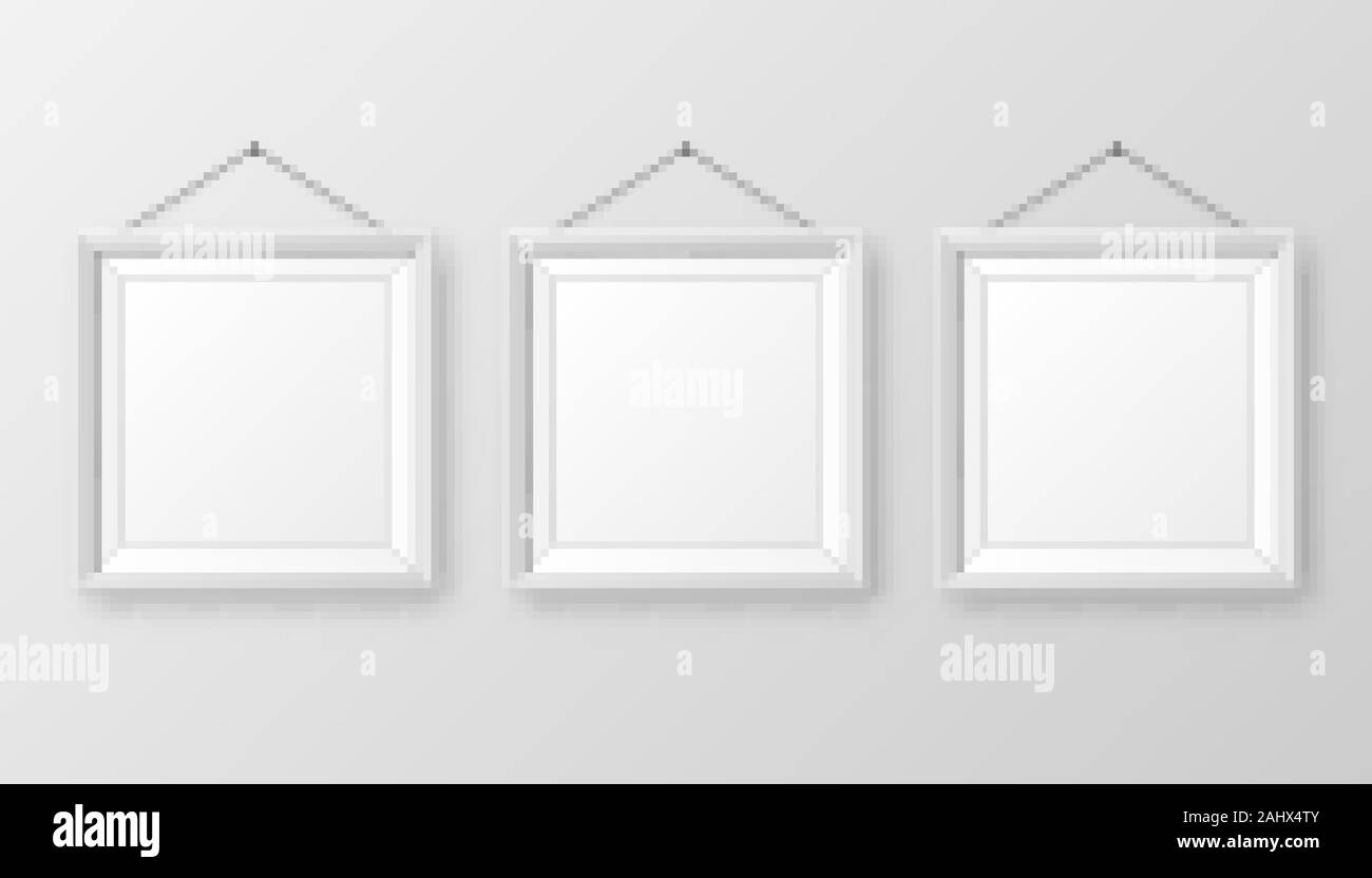 Realistisch an der Wand aufhängen, leeren weißen Bilderrahmen mit Schatten. Moderne poster Mockup auf grauem Hintergrund. Leeren Bilderrahmen für Kunst Galerie Stock Vektor