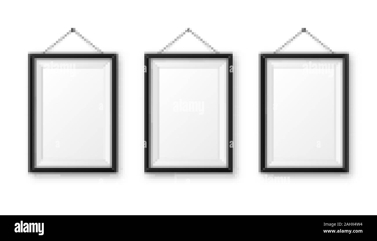 Realistisch an der Wand aufhängen, leeren schwarzen Bilderrahmen mit Schatten. Moderne poster Mockup auf weißem Hintergrund. Leeren Bilderrahmen für Kunst Stock Vektor