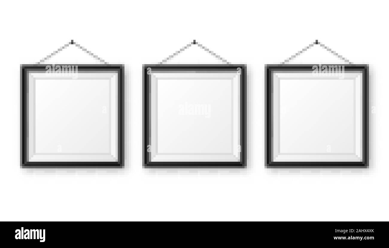 Realistisch an der Wand aufhängen, leeren schwarzen Bilderrahmen mit Schatten. Moderne poster Mockup auf weißem Hintergrund. Leeren Bilderrahmen für Kunst Stock Vektor