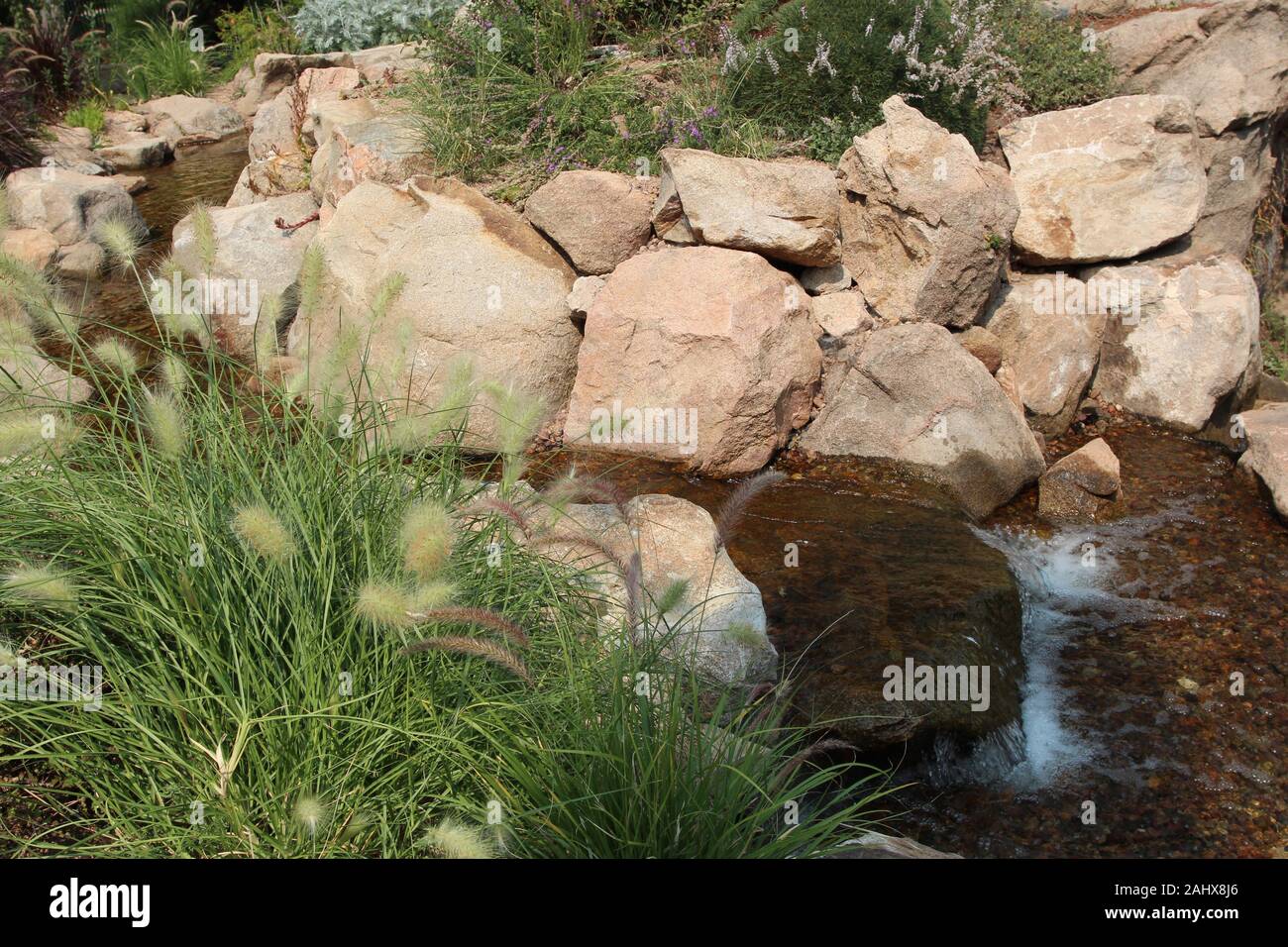 Einen sanften Luftstrom über einen Felsen Bett fließt, von Felsen gesäumt, Brunnen Gras, Sträuchern und Wildblumen in Colorado, USA Stockfoto