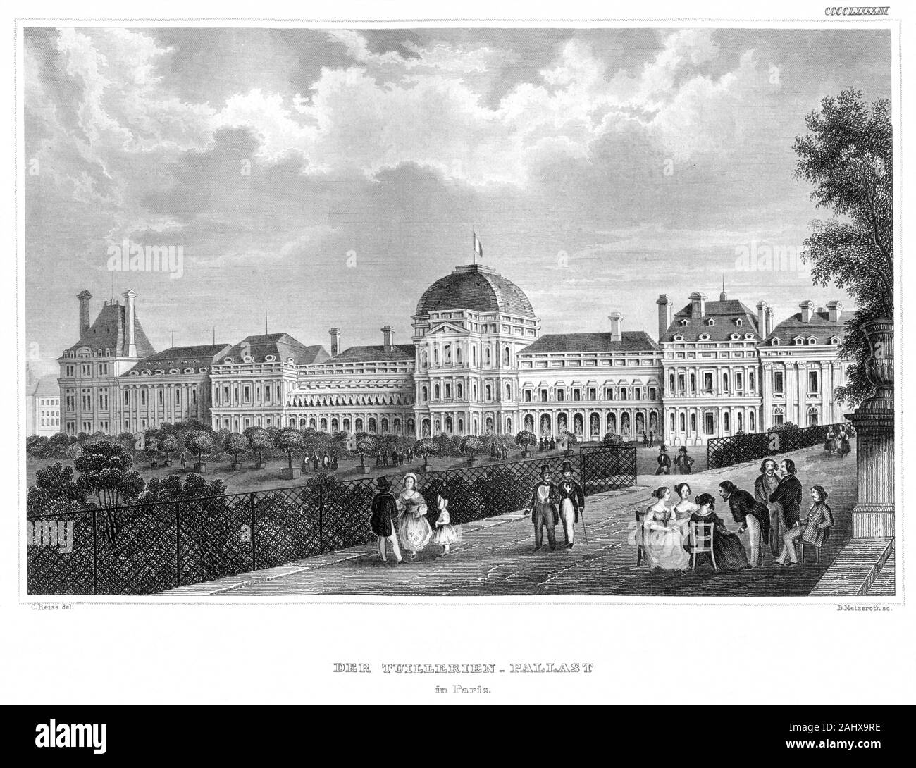 Europa, Frankreich, Paris, Tuilerienpalast (Palais des Tuileries), Königspalast in Paris Originaltext: "Der Tuillerien-Pallast', im Vordergrund der Park, mehrere Spaziergänger, Motiv aus: "Meyers Universum'. Ein Volksbuch, enthaltend Abbildung und Beschreibung des Sehenswerthesten und Merkwürdigsten in Natur und Kunst. Verlag: Bibliographische Institut, Hildburghausen, 1859, in Schwarzweiß konvertiert. / Europa, Frankreich, Paris, Tuileries Palace (Palais des Tuileries), der Royal Imperial Palace, ursprünglicher Text: Der Tuillerien-Pallast, im Vordergrund der Park mit s Stockfoto