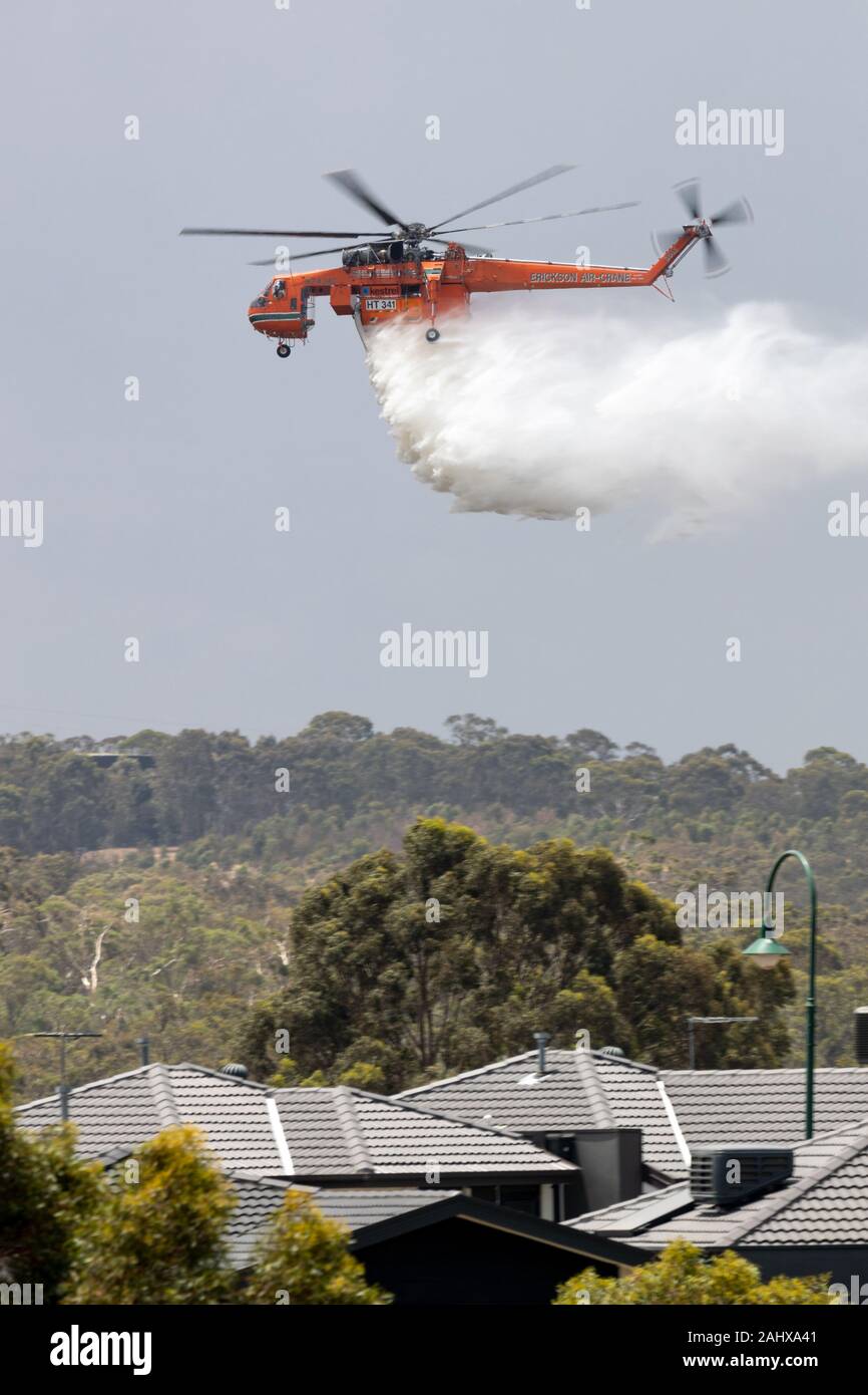 Erickson Air Crane Helikopter (Sikorsky S-64) N 243 AC fällt eine große Last von Wasser auf ein buschfeuer zur Unterstützung der Brandbekämpfung durch die Besatzungen auf. Stockfoto