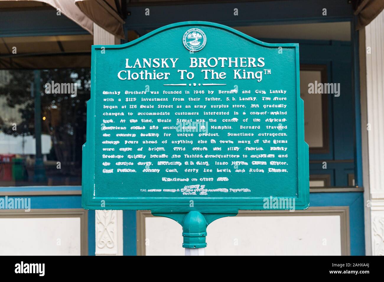 Memphis, TN/USA - Dezember 28, 2109: Lansky Brüder, Textilhändler dem König historische Zeichen in Memphis, TN Stockfoto