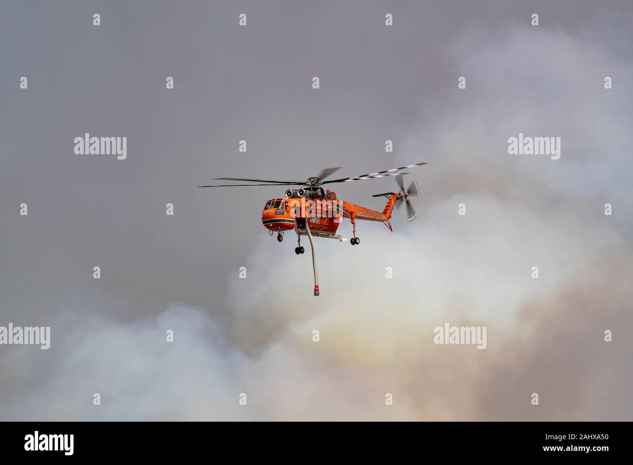 Erickson Air Crane Helikopter N 243 AC (Sikorsky S-64) gegen Federn von Rauch fliegen während dem Kampf gegen Buschfeuer in Victoria, Australien. Stockfoto