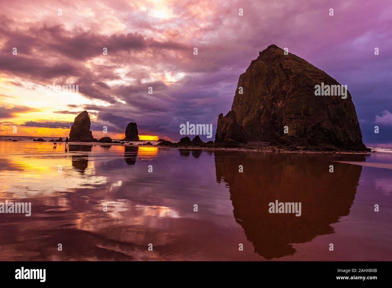 Der Haystack Rock in Oregon am Cannon Beach bei Sonnenuntergang Stockfoto