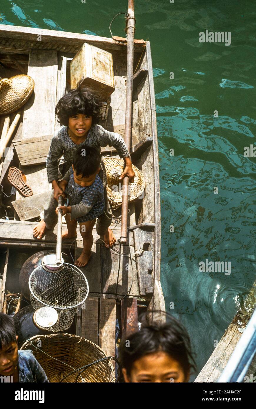 Chinesische Kinder an Bord, eine Sampan, Aberdeen, Hong Kong, 1966 Stockfoto