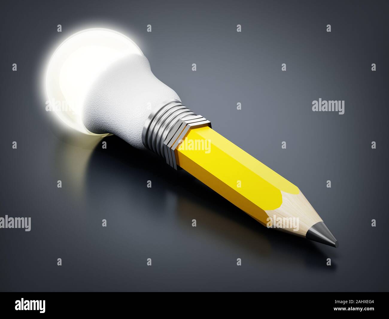 Bleistift mit atached Glühbirne auf schwarzem Hintergrund. 3D-Darstellung. Stockfoto