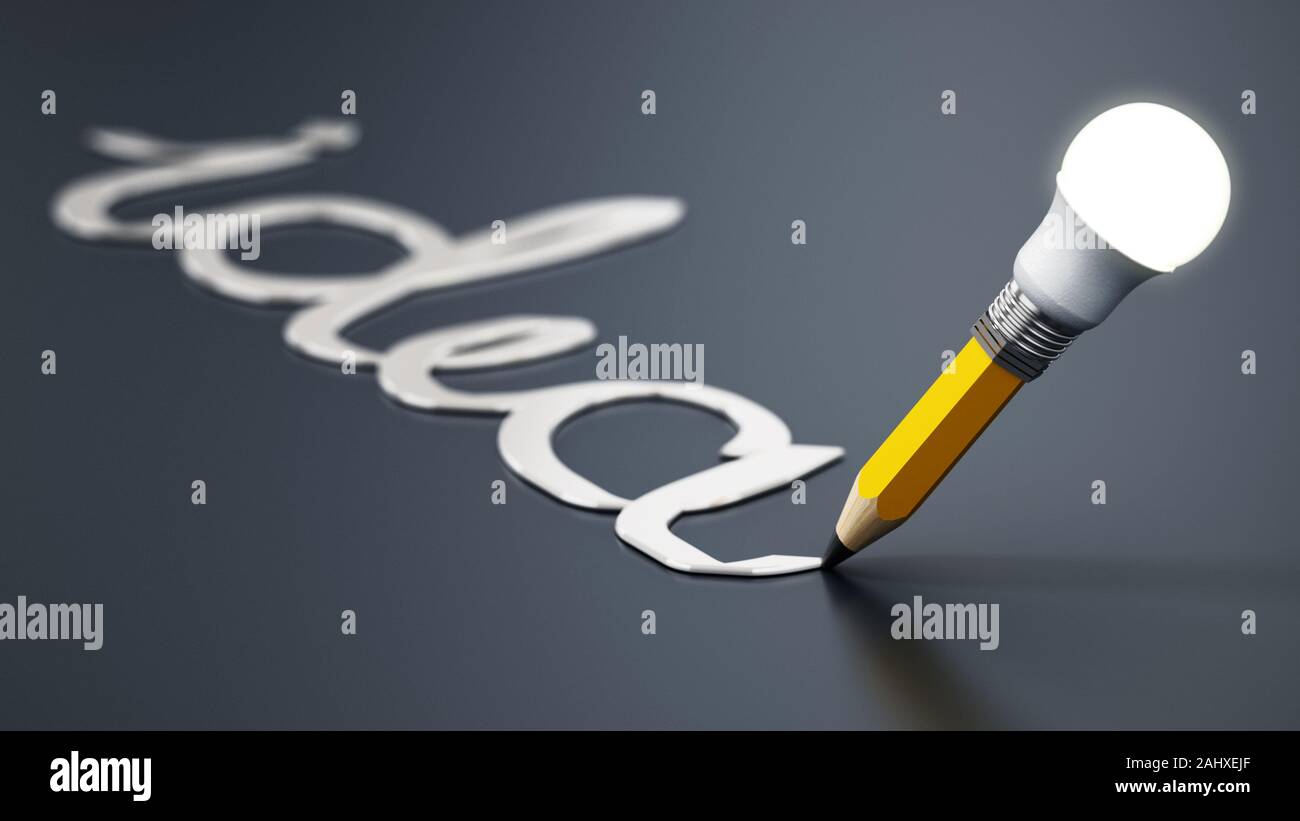 Bleistift mit atached Glühbirne auf schwarzem Hintergrund. 3D-Darstellung. Stockfoto