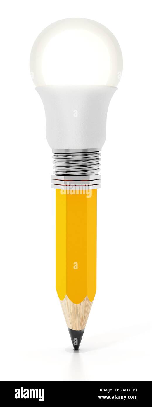 Bleistift mit atached Glühbirne auf weißem Hintergrund. 3D-Darstellung. Stockfoto