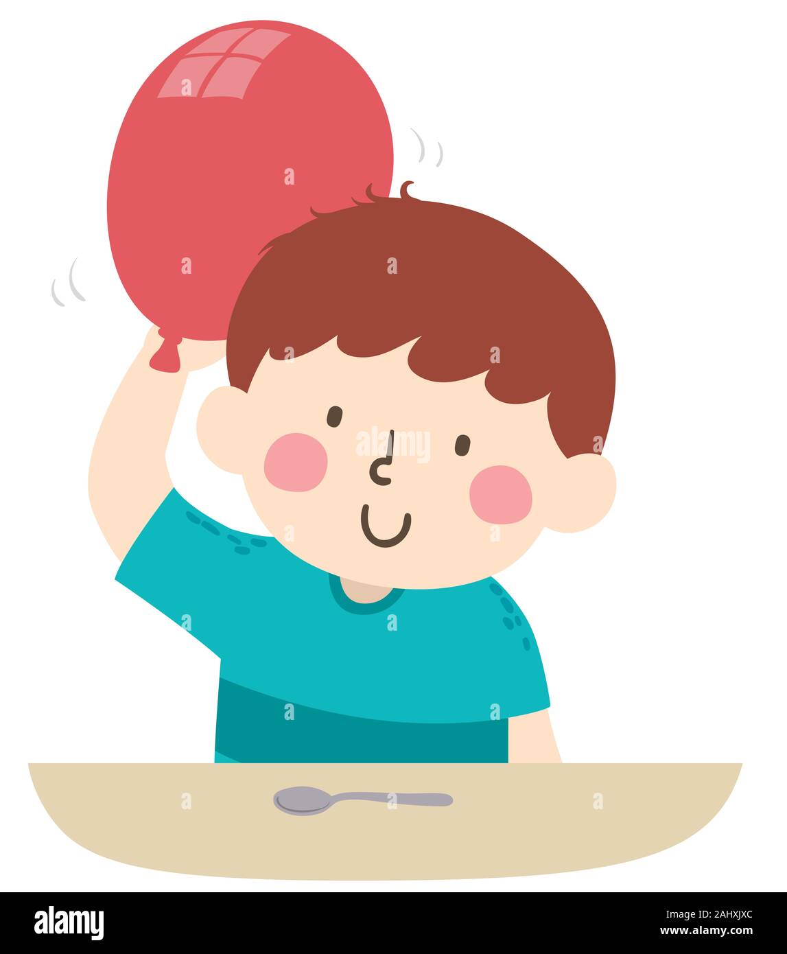 Abbildung: ein Kind Junge, einen kleinen Blitz Experiment mit einem Ballon und ein Löffel Stockfoto