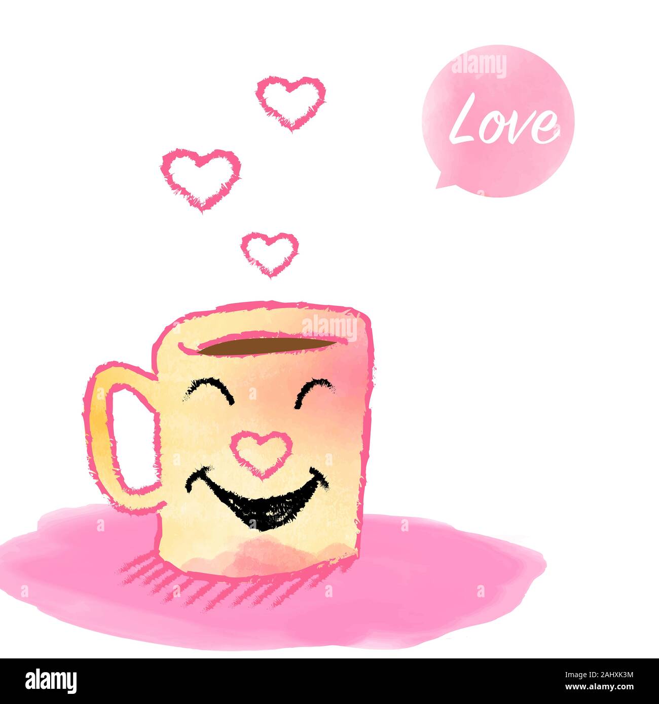 Tasse heißen Kaffee, lächeln Aquarell Stil mit Cartoon doodle Hand für Valentinstag, romantische Karte oder Web Banner gezeichnet - Vector Illustration Stock Vektor