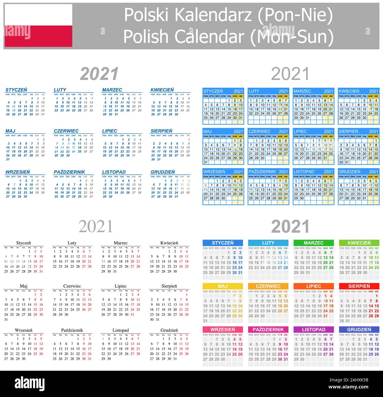 2021 Polnische Mix Kalender Mo-so auf weißem Hintergrund Stock Vektor