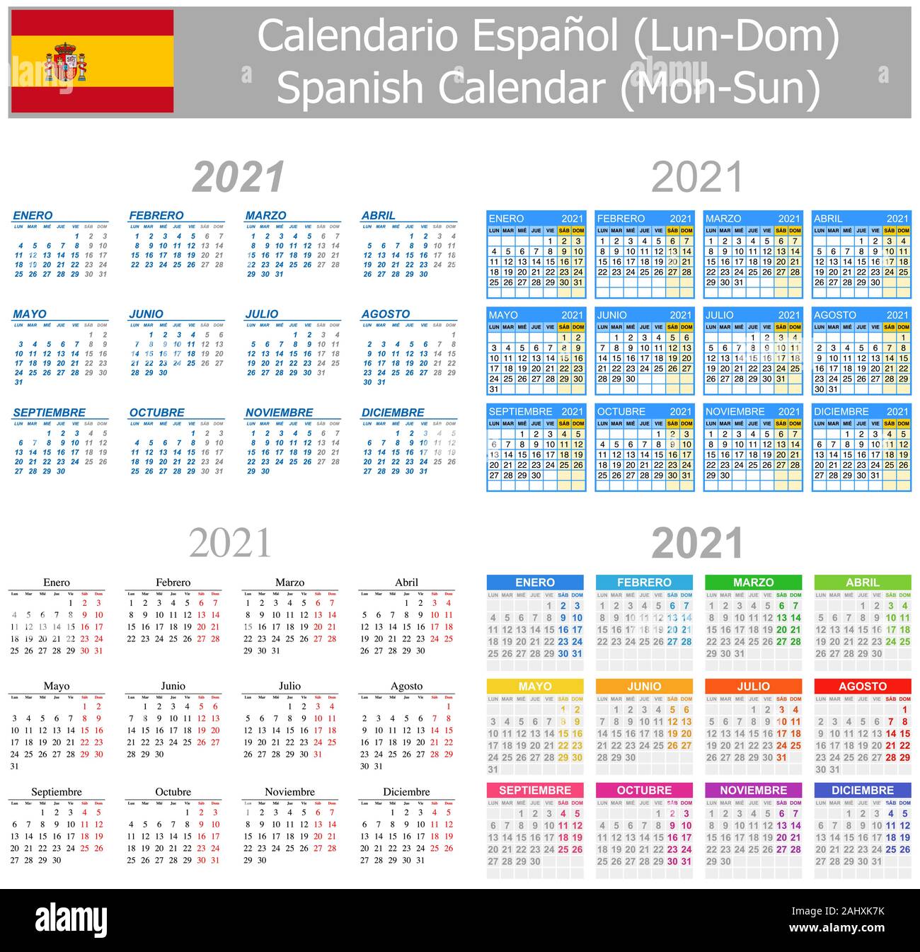 2021 Spanisch Mix Kalender Mo-so auf weißem Hintergrund Stock Vektor