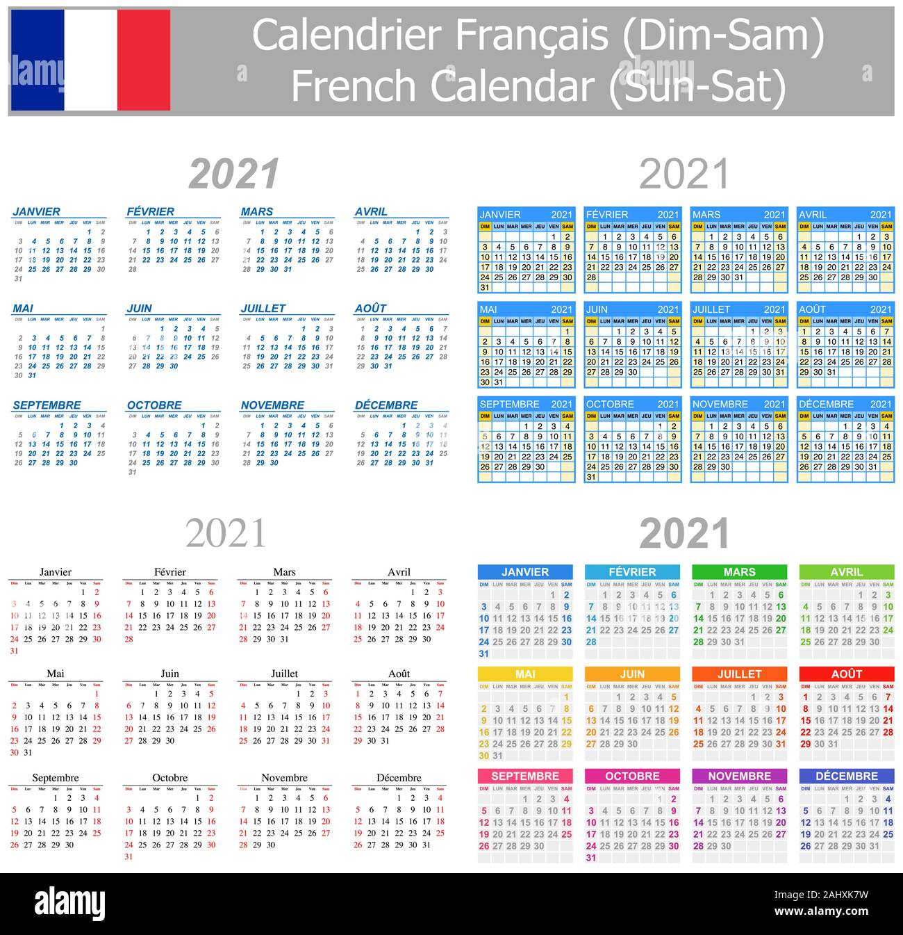 2021 Französische Mix Kalender Sun-Sat auf weißem Hintergrund Stock Vektor
